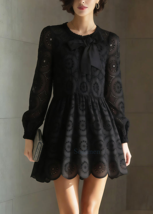 Women Black Embroidered Hollow Out Cotton Tea Dress Spring