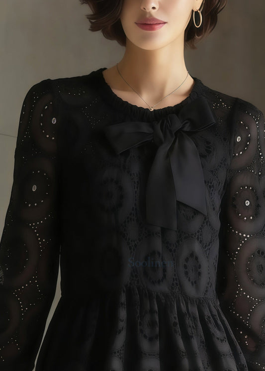 Women Black Embroidered Hollow Out Cotton Tea Dress Spring