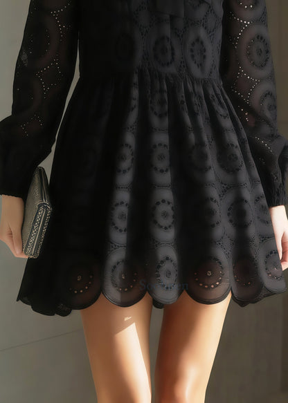 Women Black Embroidered Hollow Out Cotton Tea Dress Spring