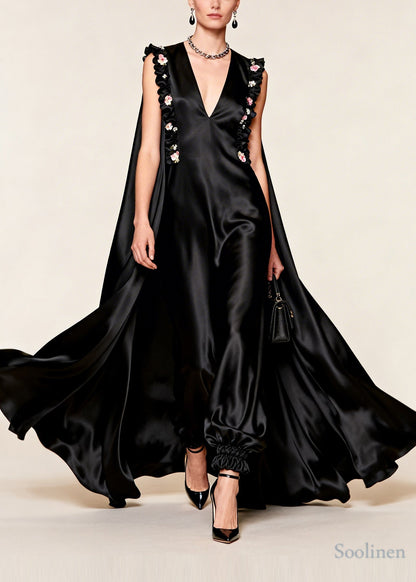 Women Black Floral Exra Large Hem Silk Evening Dress Sleeveless