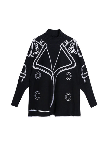 Women Black Hign Neck Wear On Both Sides Knit Sweaters Long Sleeve