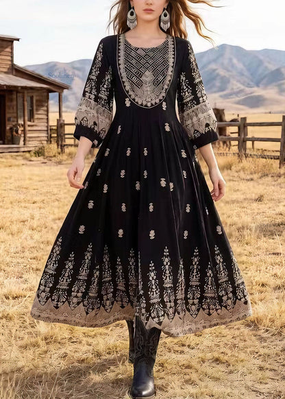 Women Black O Neck Print Cotton Dresses Bracelet Sleeve