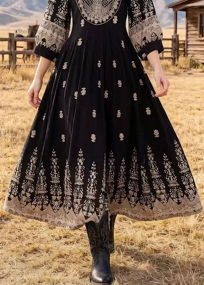 Women Black O Neck Print Cotton Dresses Bracelet Sleeve