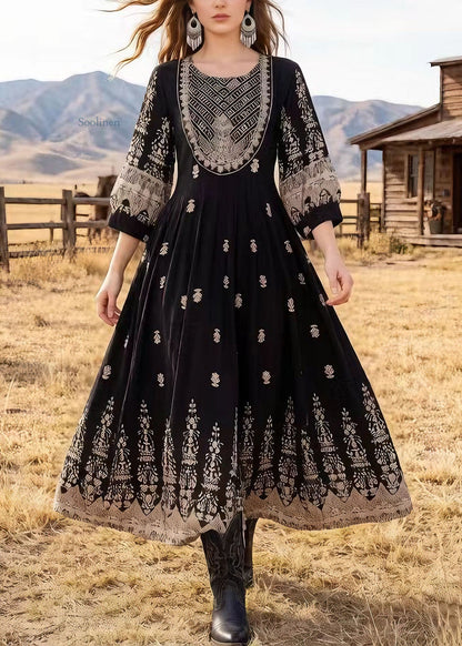 Women Black O Neck Print Cotton Dresses Bracelet Sleeve