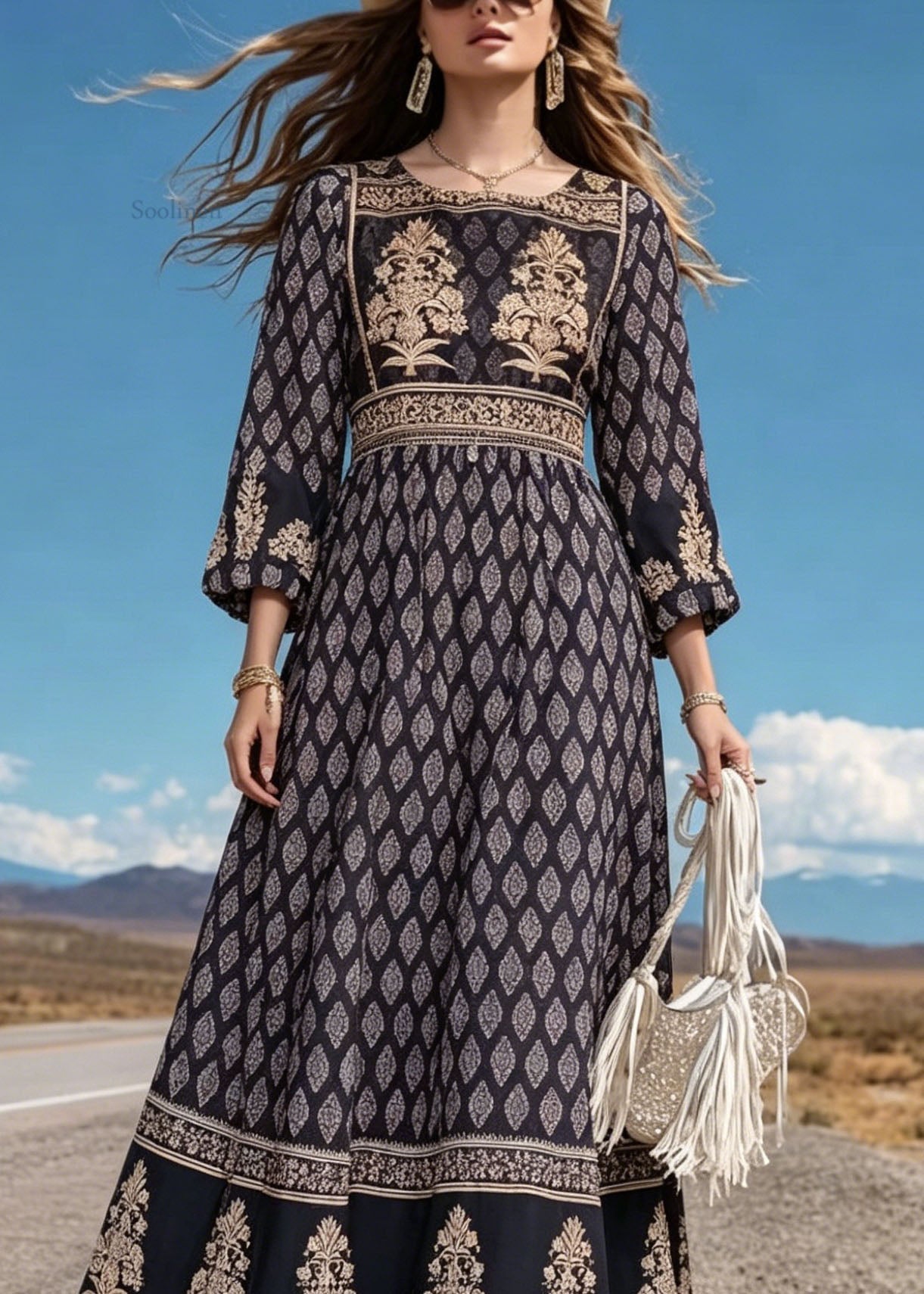 Women Black O Neck Print Cotton Long Dress Summer