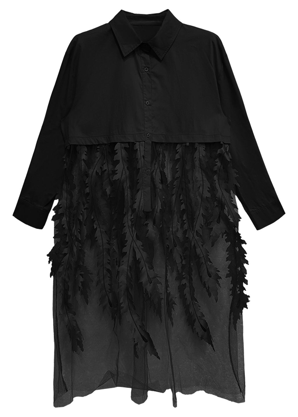 Women Black Peter Pan Collar Tulle Patchwork Cotton Shirts Dress Long Sleeve