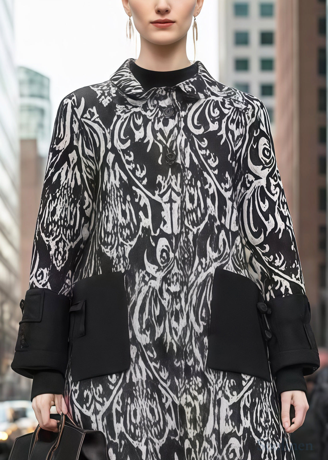 Women Black Print Patchwork Warm Fleece Woolen Trench Winter