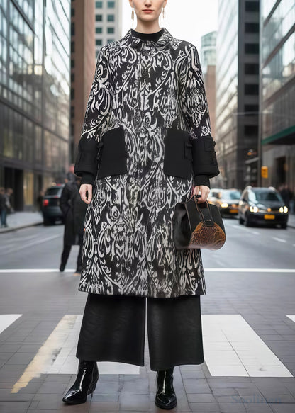 Women Black Print Patchwork Warm Fleece Woolen Trench Winter