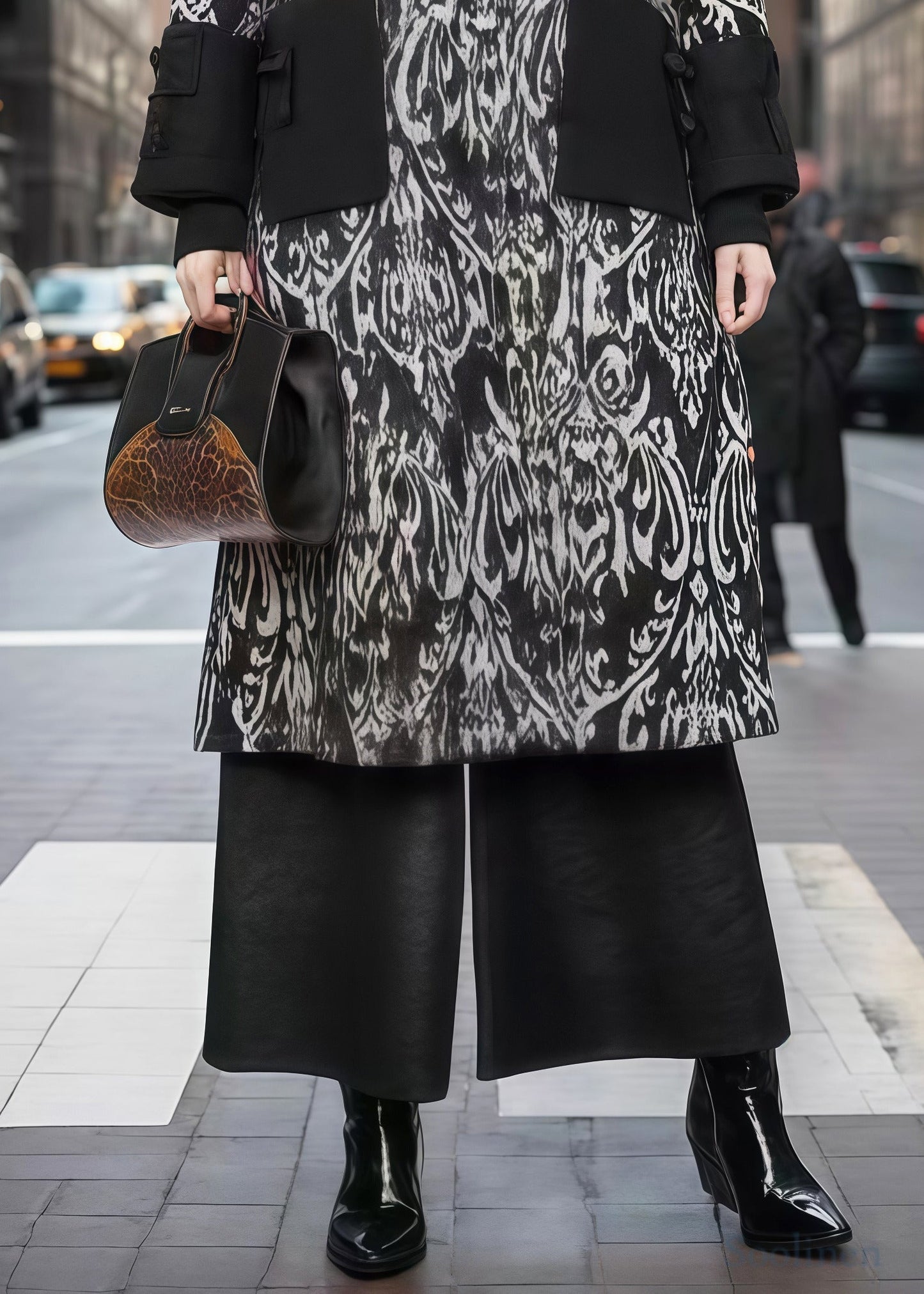 Women Black Print Patchwork Warm Fleece Woolen Trench Winter