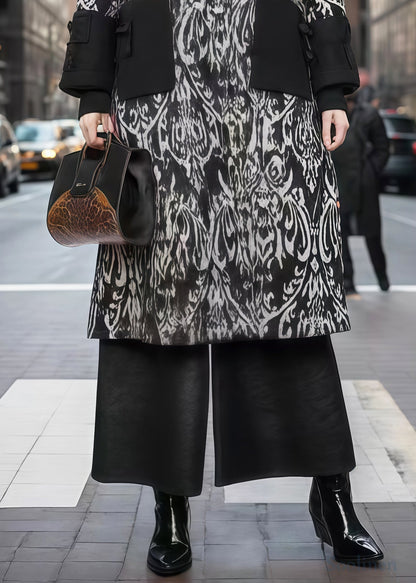 Women Black Print Patchwork Warm Fleece Woolen Trench Winter