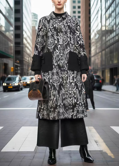 Women Black Print Patchwork Warm Fleece Woolen Trench Winter