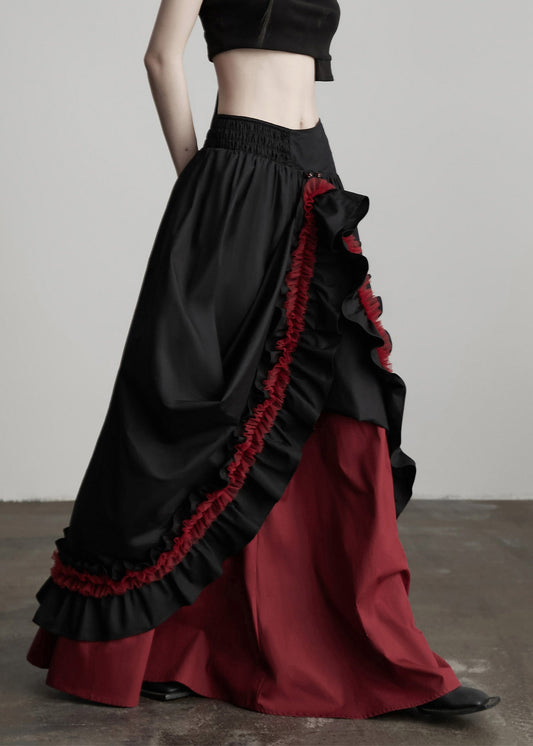 Women Black Ruffled Patchwork Exra Large Hem Cotton Skirts Spring