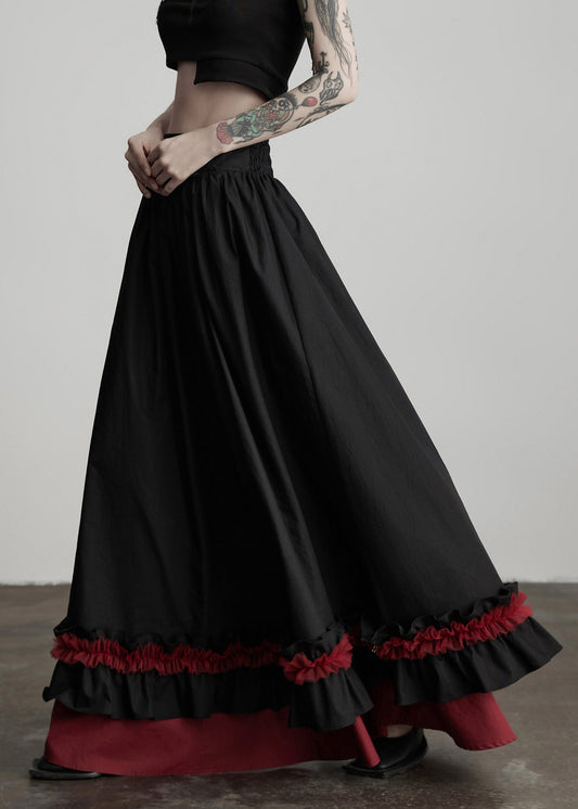 Women Black Ruffled Patchwork Exra Large Hem Cotton Skirts Spring