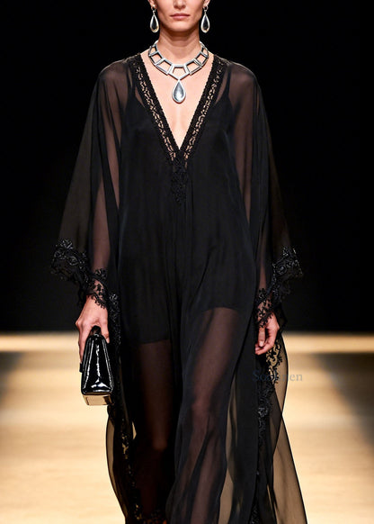 Women Black V Neck Patchwork Chiffon Maxi Dresses Summer
