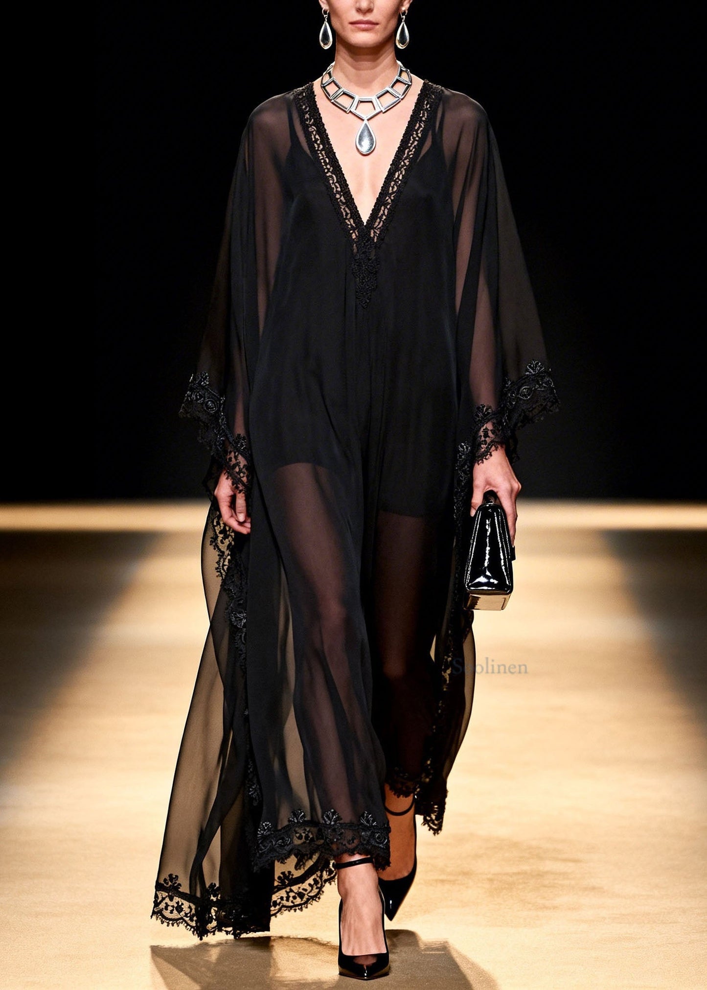 Women Black V Neck Patchwork Chiffon Maxi Dresses Summer
