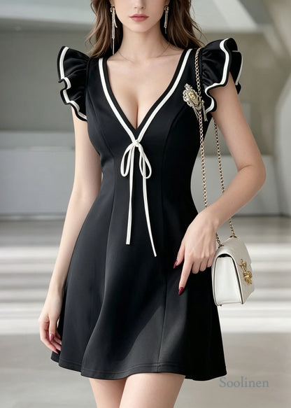 Women Black V Neck Ruffles Cotton Tea Dress Summer