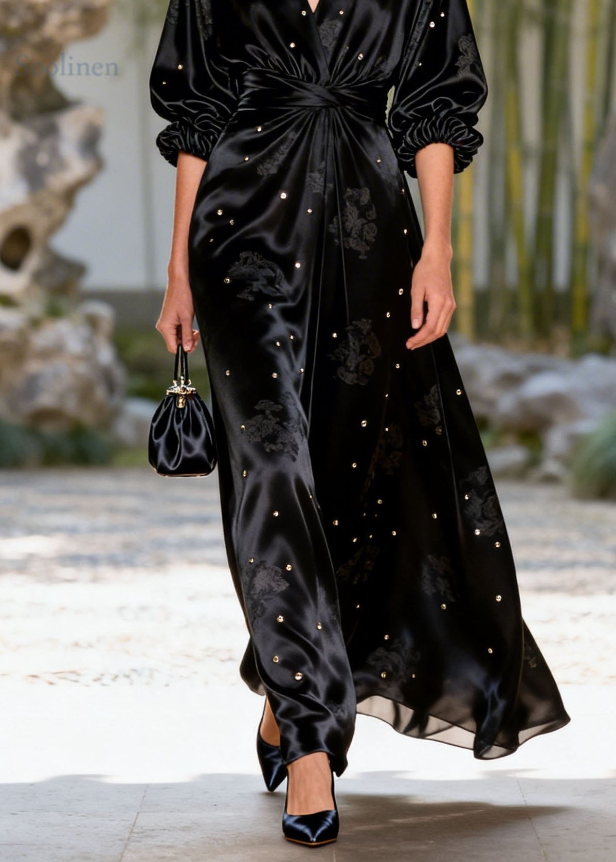 Women Black V Neck Sequins Jacquard Silk Long Dress Summer