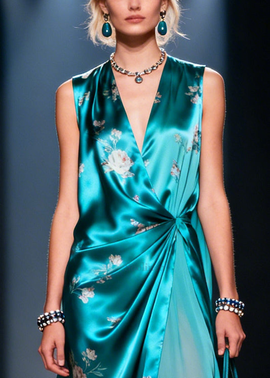 Women Blue Asymmetrical Print Silk Party Dress Summer