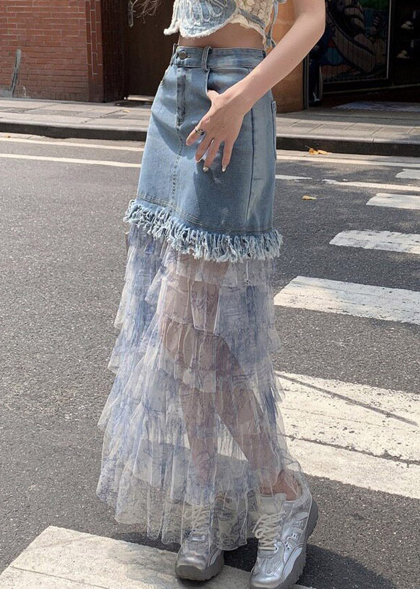 Women Blue Denim Patchwork Tulle Maxi Cake Skirts Summer