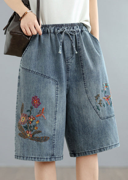 Women Blue Embroidered Pockets Denim Shorts Summer