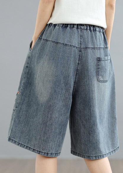 Women Blue Embroidered Pockets Denim Shorts Summer