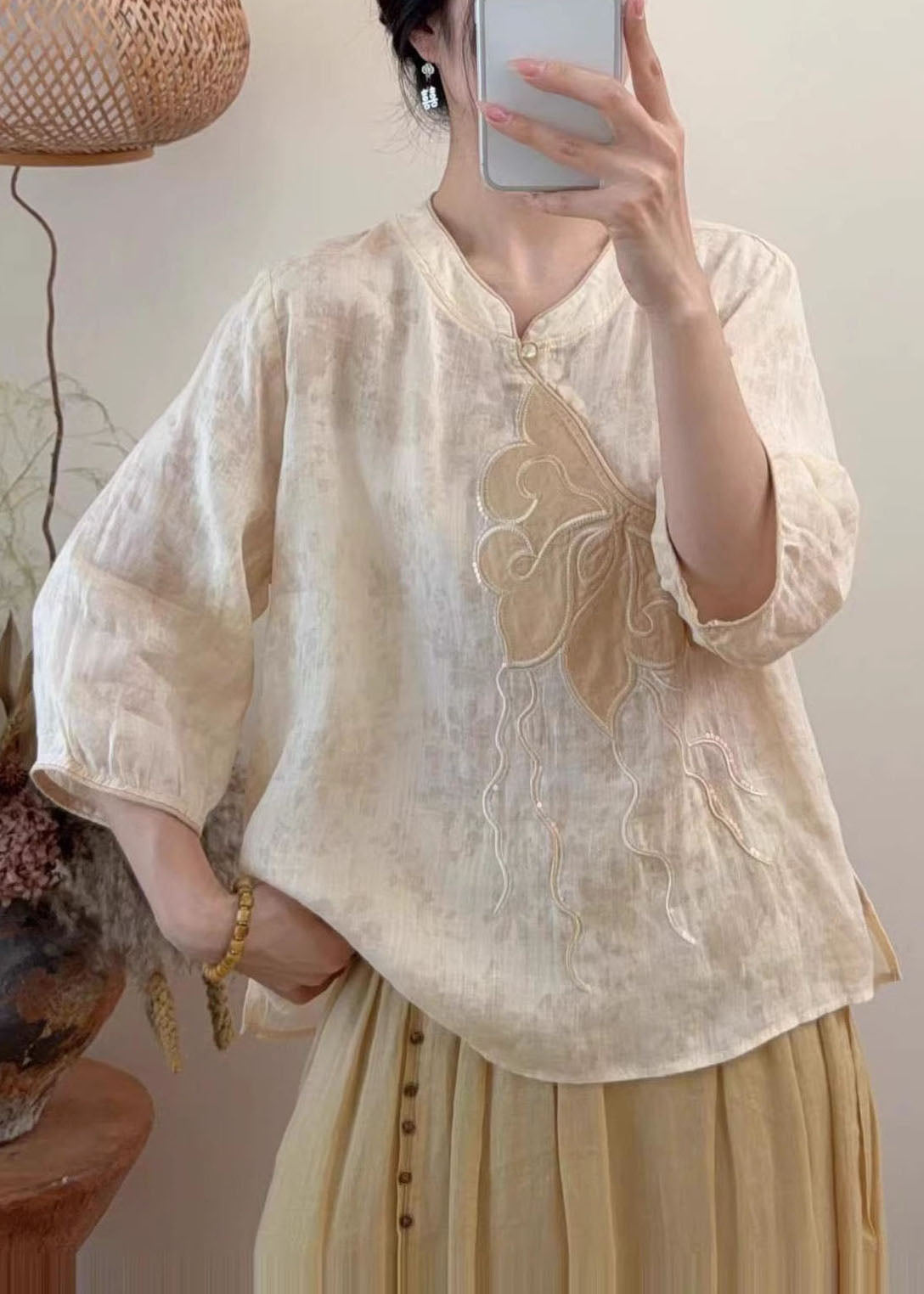 Women Blue Embroidered Sequins Linen Shirt Tops Summer