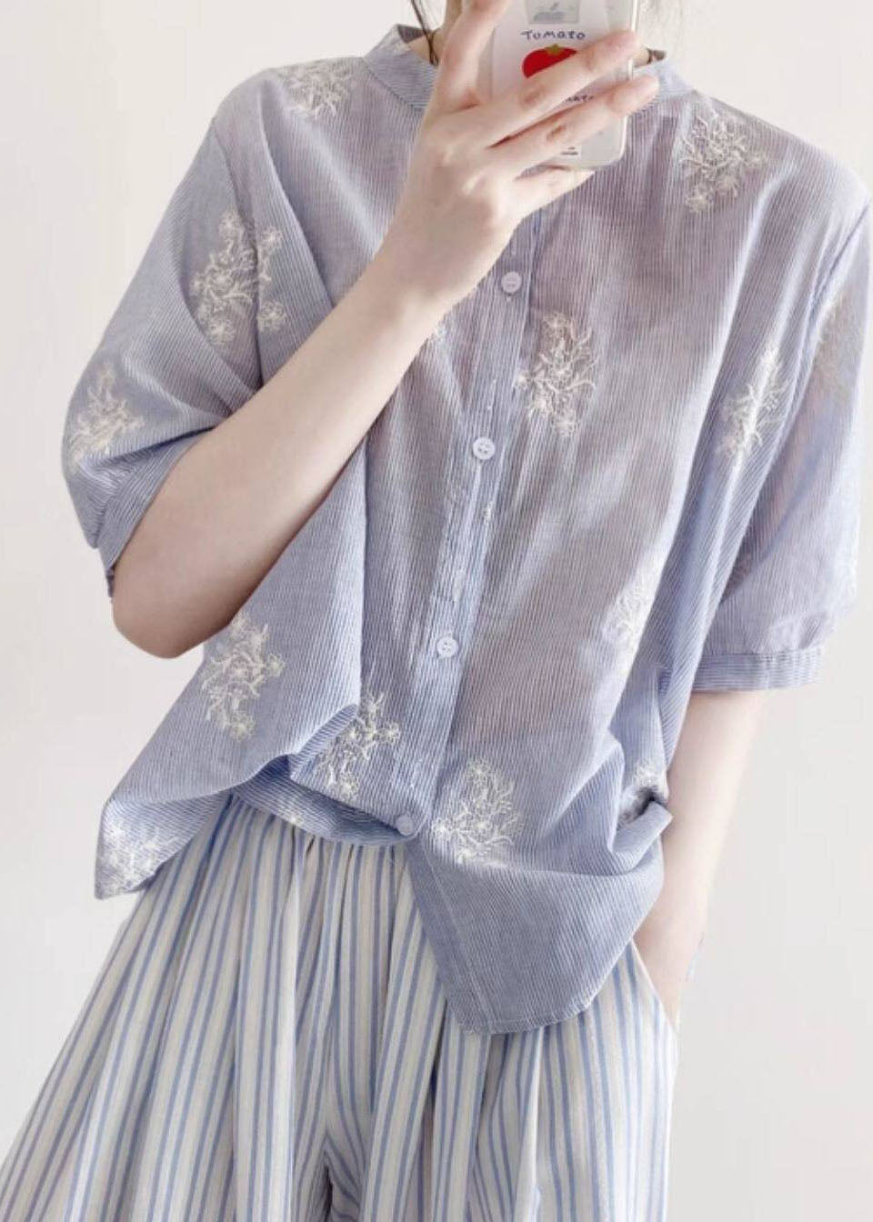 Women Blue Embroidered Striped Cotton Top Half Sleeve