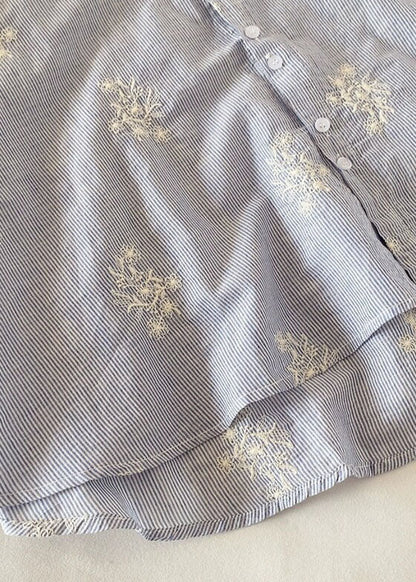 Women Blue Embroidered Striped Cotton Top Half Sleeve