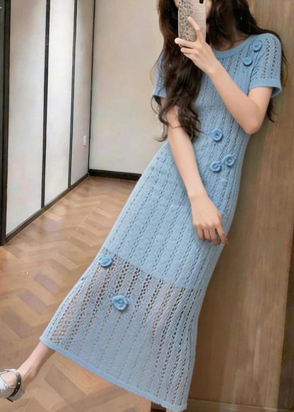 Women Blue Hollow Out Floral Knit Ankle Dress Summer