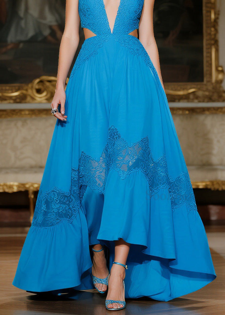 Women Blue Hollow Out Lace Patchwork Spaghetti Strap Dresses Summer