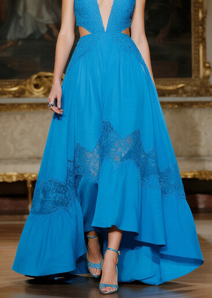 Women Blue Hollow Out Lace Patchwork Spaghetti Strap Dresses Summer