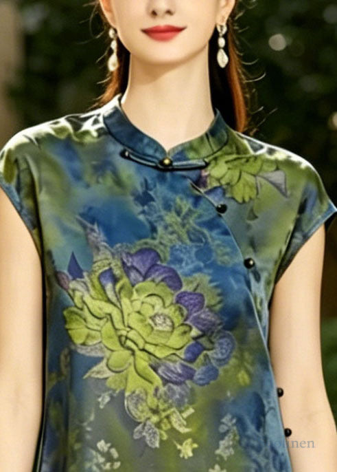 Women Blue Mandarin Collar Print Silk Vest Top Summer