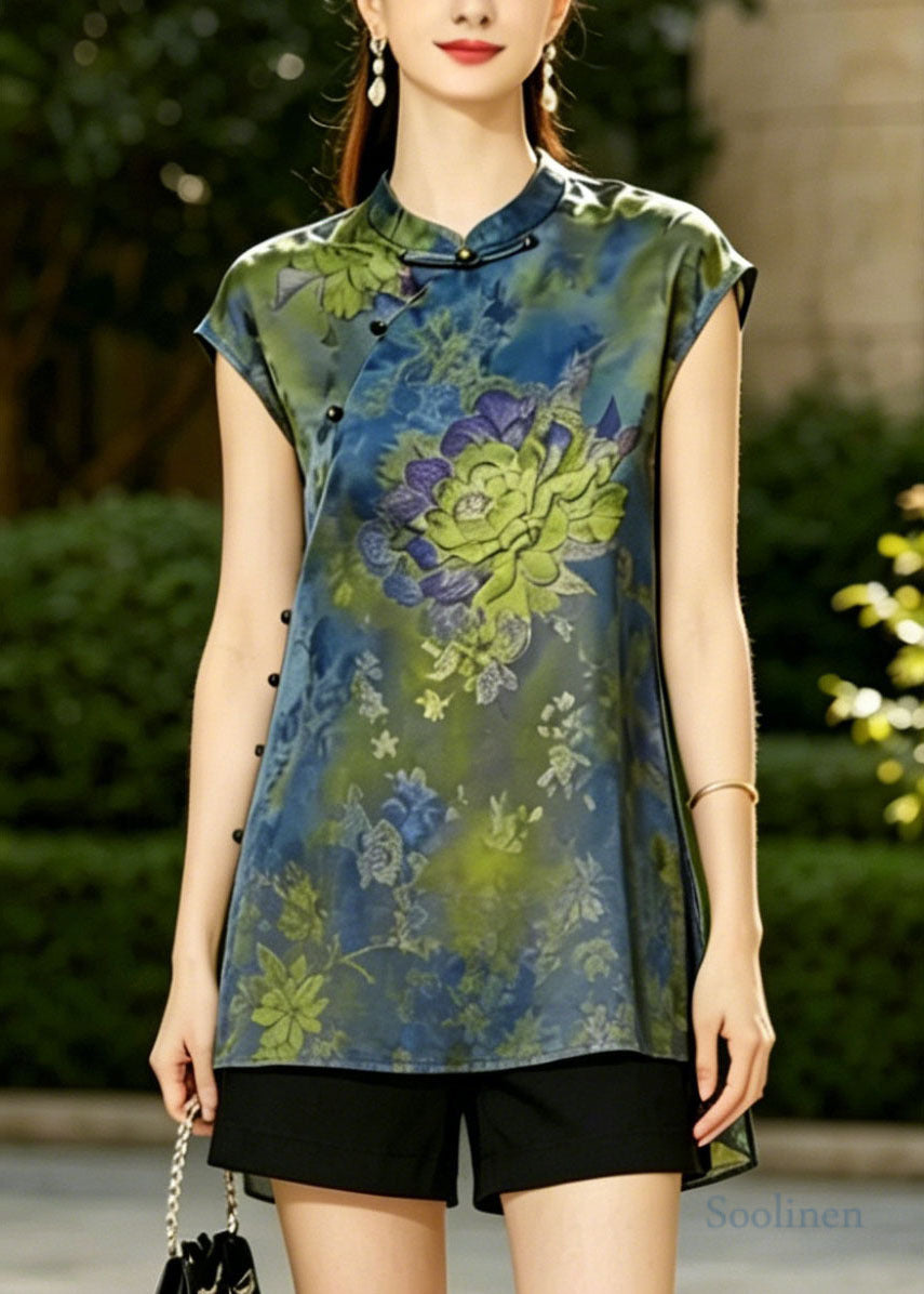 Women Blue Mandarin Collar Print Silk Vest Top Summer