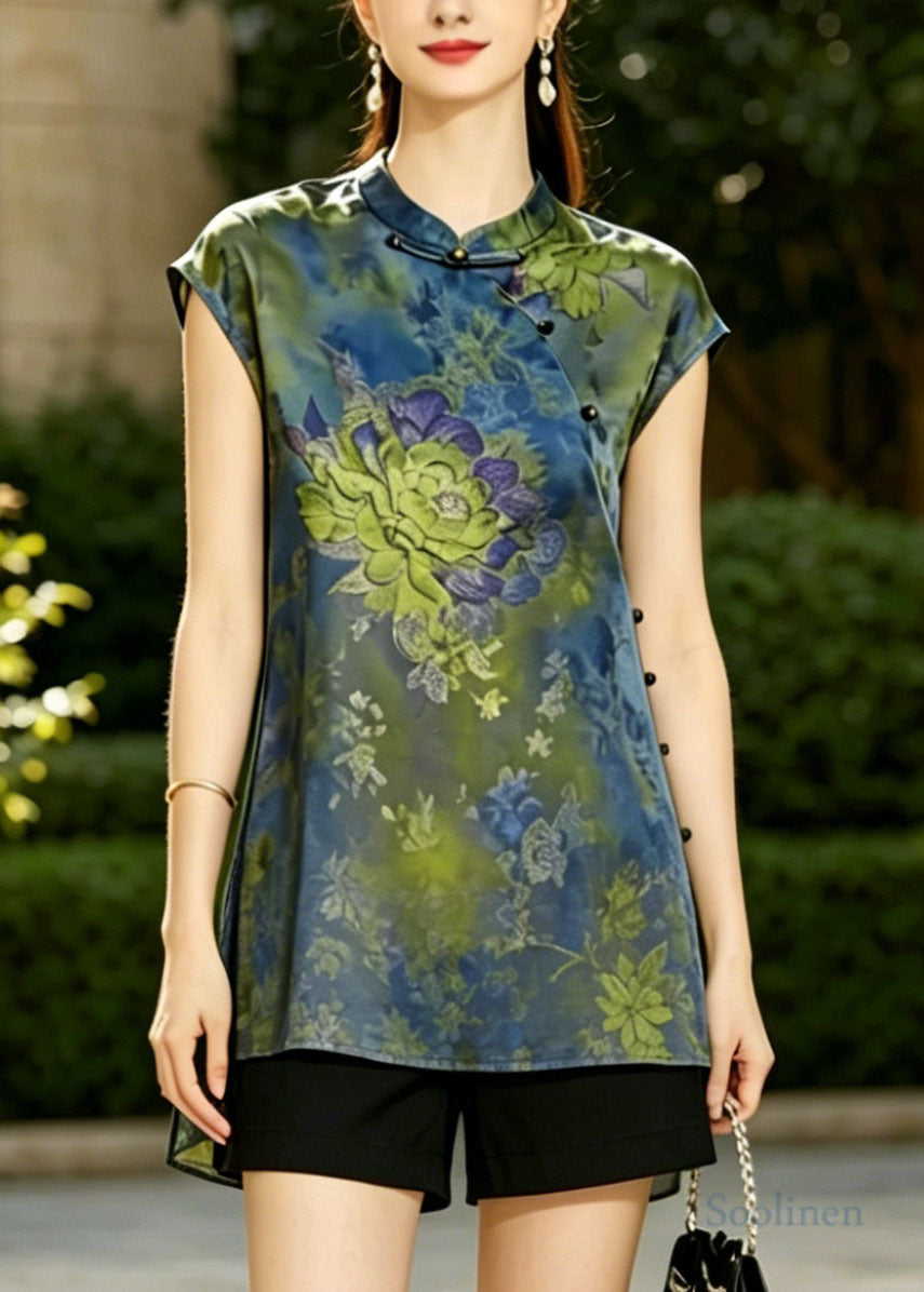 Women Blue Mandarin Collar Print Silk Vest Top Summer