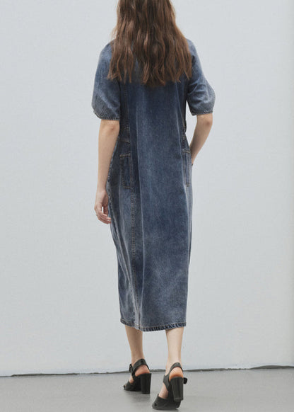 Women Blue O Neck Pockets Patchwork Denim Dress Summer