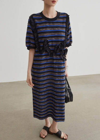 Women Blue O-Neck Striped Long Dress Short Sleeve