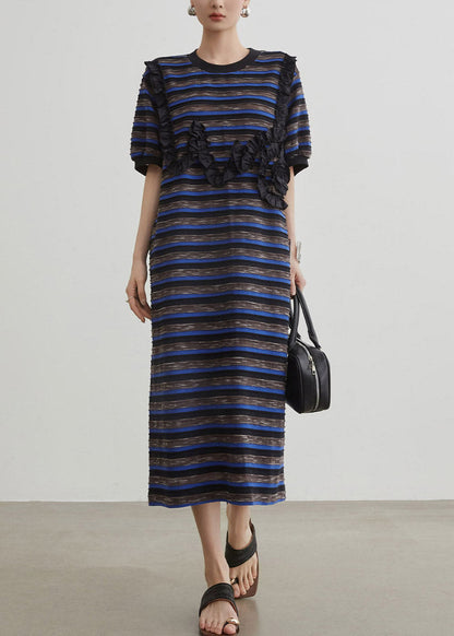 Women Blue O-Neck Striped Long Dress Short Sleeve