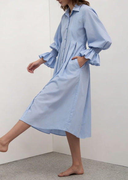 Women Blue Peter Pan Collar Patchwork Cotton Shirts Dress Summer
