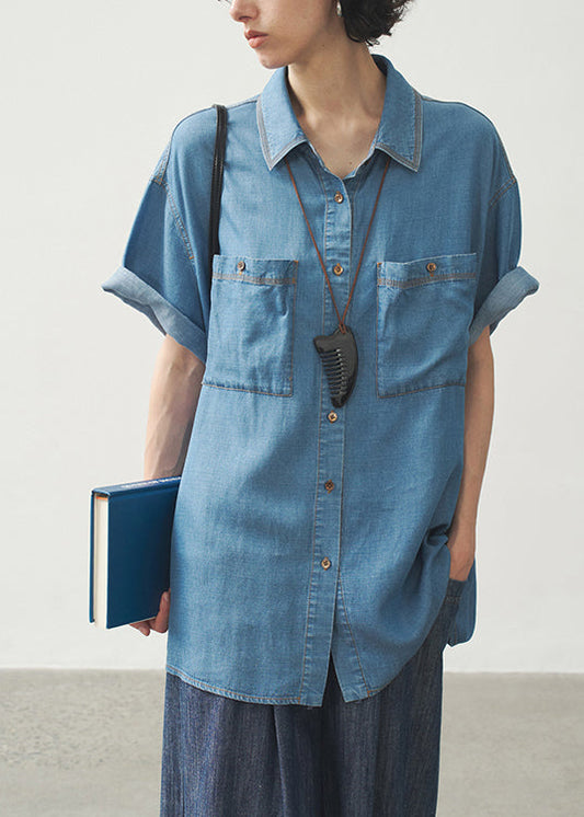 Women Blue Peter Pan Collar Pockets Button Denim Shirts Summer