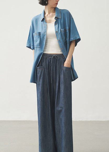Women Blue Peter Pan Collar Pockets Button Denim Shirts Summer
