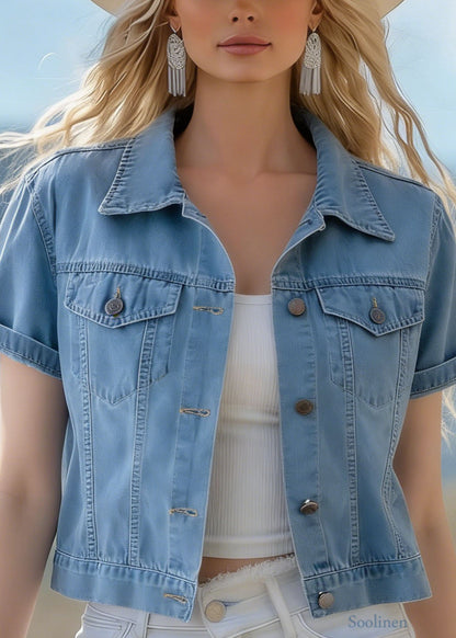 Women Blue Peter Pan Collar Pockets Denim Jackets Summer