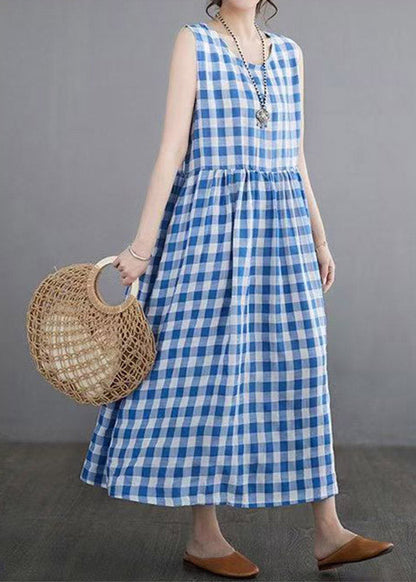 Women Blue Plaid Patchwork Maxi Dresses Sleeveless
