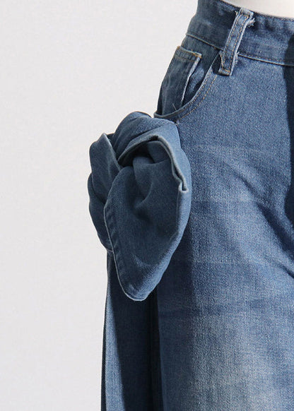 Women Blue Pockets Floral Patchwork Bow Straight Jeans Summer