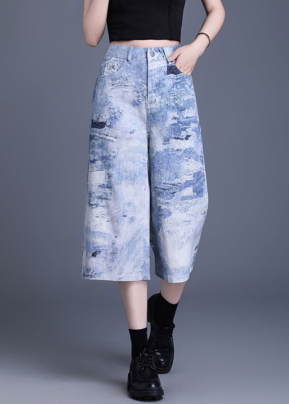 Women Blue Pockets Tie Dye Denim Crop Pants Summer