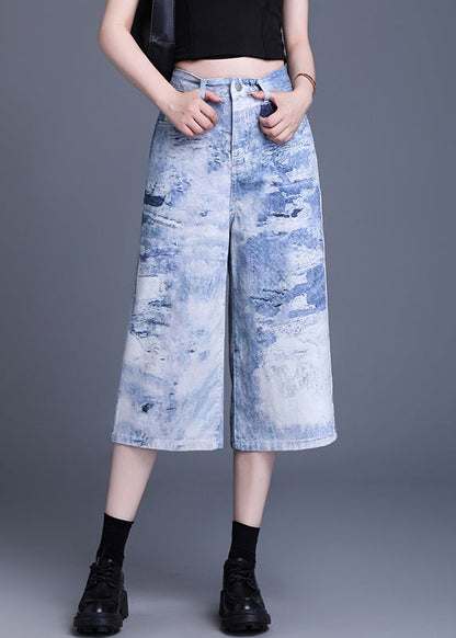 Women Blue Pockets Tie Dye Denim Crop Pants Summer