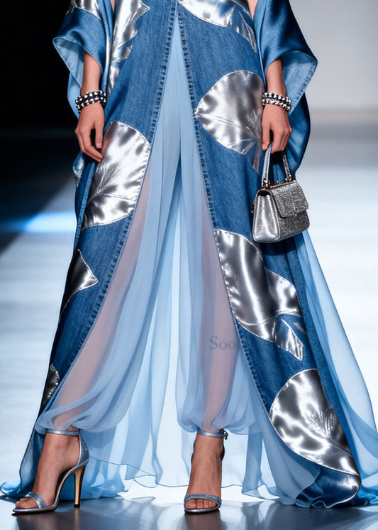 Women Blue Print Patchwork Exra Large Hem Denim A Line Dresses Summer