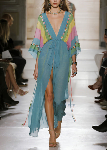 Women Blue Print Side Open Chiffon Long Dress Summer