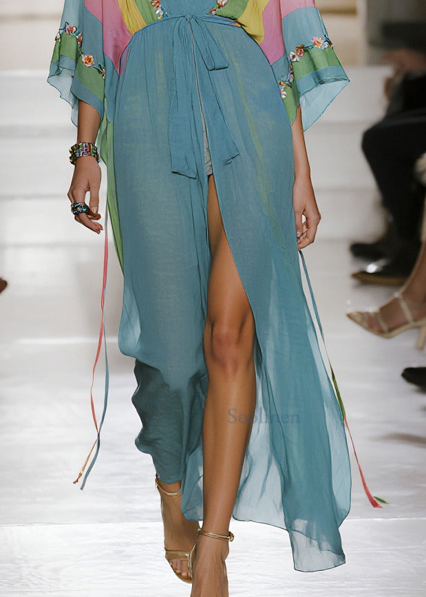 Women Blue Print Side Open Chiffon Long Dress Summer