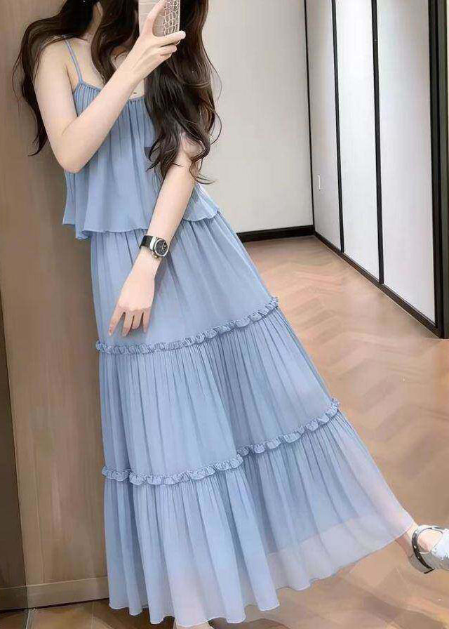 Women Blue Ruffled Draping Chiffon Two-Piece Set Summer