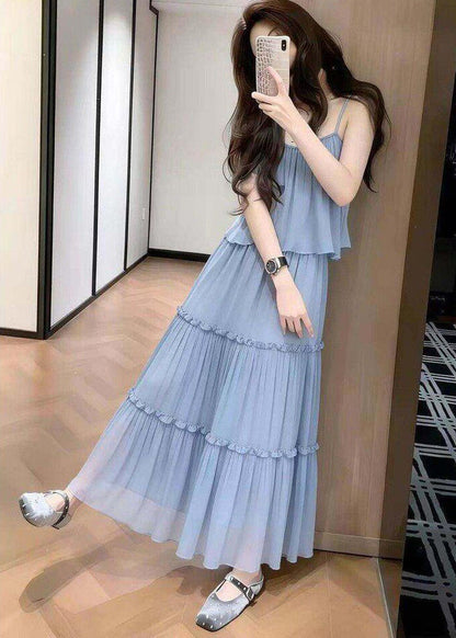 Women Blue Ruffled Draping Chiffon Two-Piece Set Summer
